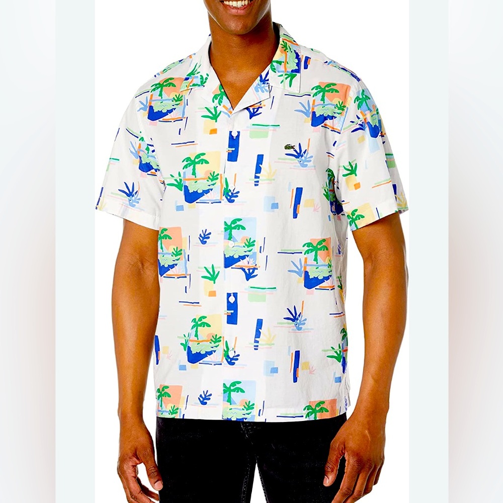 Lacoste White Tropical Short Sleeve Button-Up Shirt men’s large